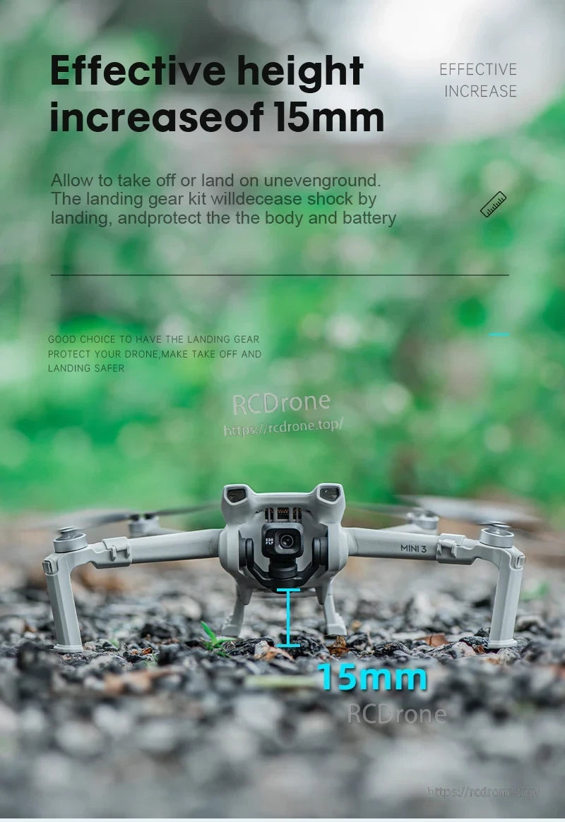 Landing gear raises drone 15mm, ensuring safe takeoff/landing on rough terrain and protecting the body and battery from impact.