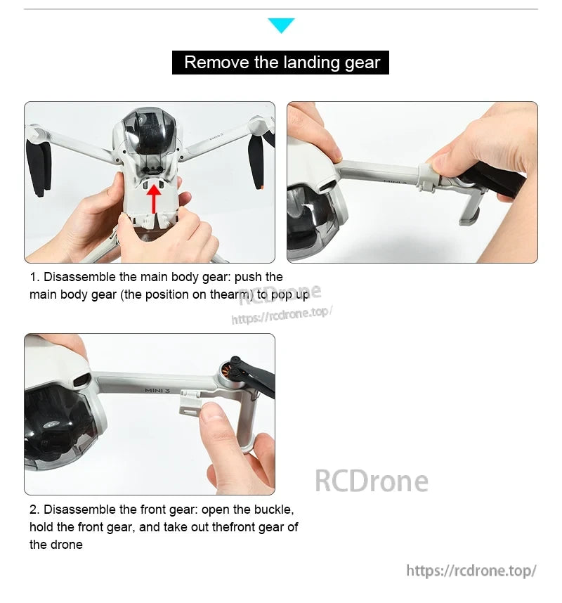 Remove landing gear: push main body gear up, open buckle, hold and remove front gear.