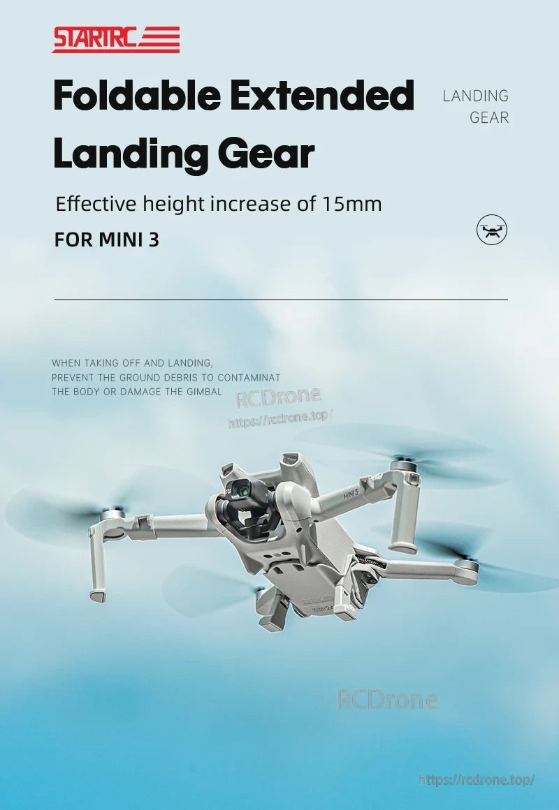 Foldable landing gear for Mini 3 adds 15mm height, preventing debris and gimbal damage during takeoff and landing.