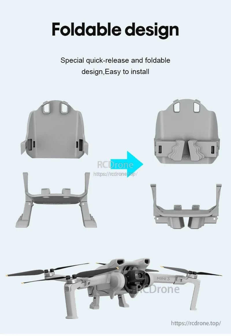 Foldable landing gear with quick-release design, easy to install on Mini 3 drone.