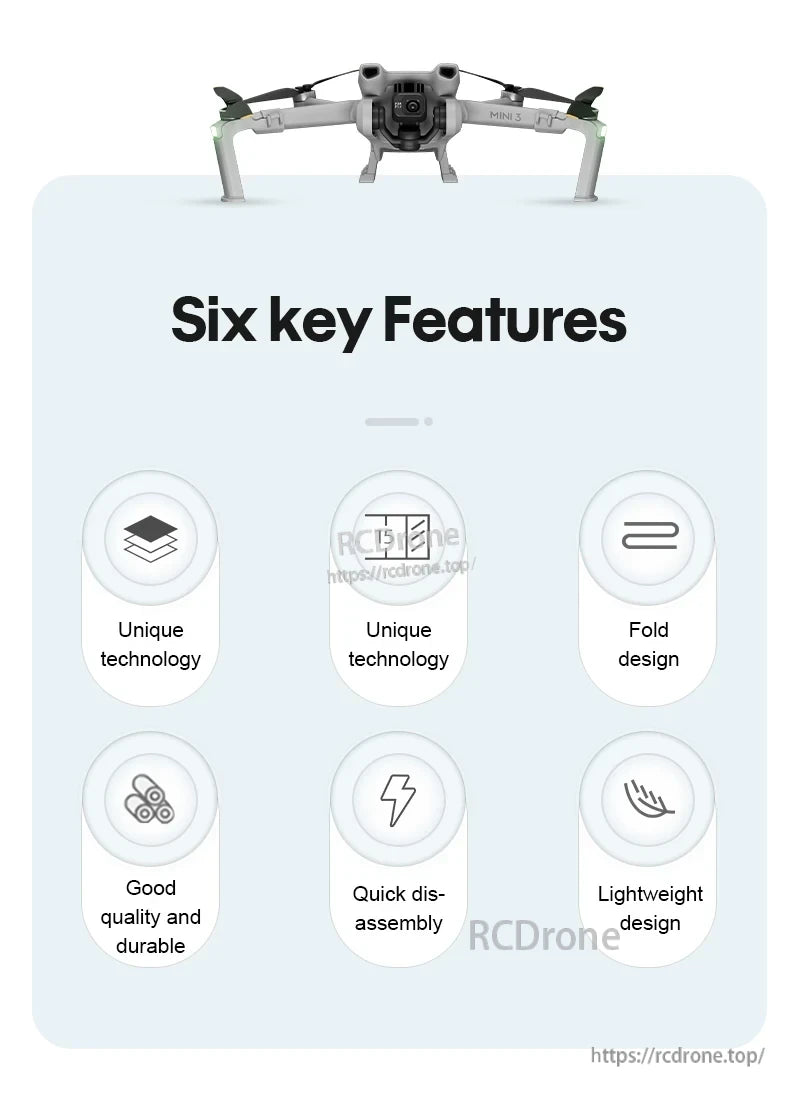 Landing Gear, Innovative, foldable, durable drone with quick disassembly, lightweight design, and portability for convenient, long-lasting performance. (24 words)