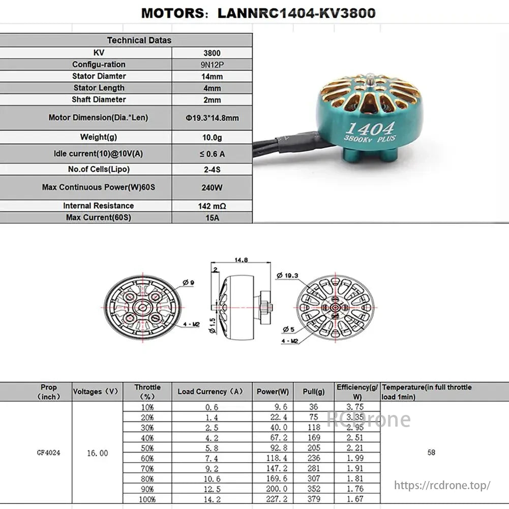 Lannrc 1404 Brushless Motor, Lannrc 1404-KV3800 brushless motor has KV 3800, 9N12P config, 14mm stator, weighs 10g, with 240W power and 15A current. Includes specs and data.