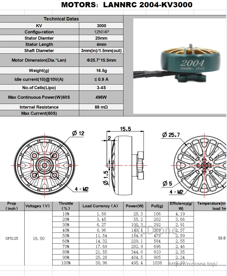 Lannrc 2004 Plus Brushless Motor, Lannrc 2004-KV3000 motor specs: KV 3000, 12N14P, 20mm stator, 496W max power, efficiency and thrust data available.