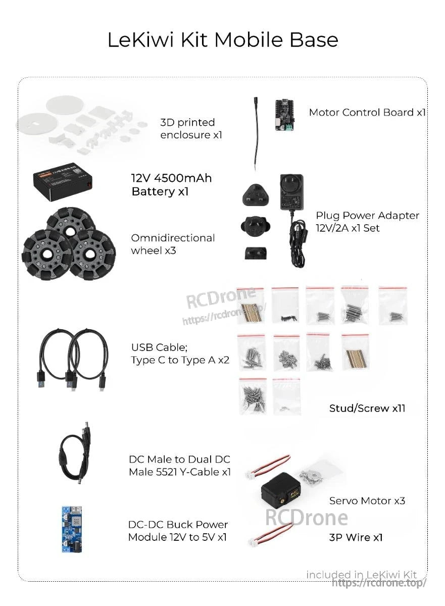 LeKiwi Mobile Base, LeKiwi Kit Mobile Base features a 3D-printed enclosure, 12V battery, omnidirectional wheels, motor control board, power adapter, USB and DC cables, buck converter, servo motors, wires, and assembly screws.