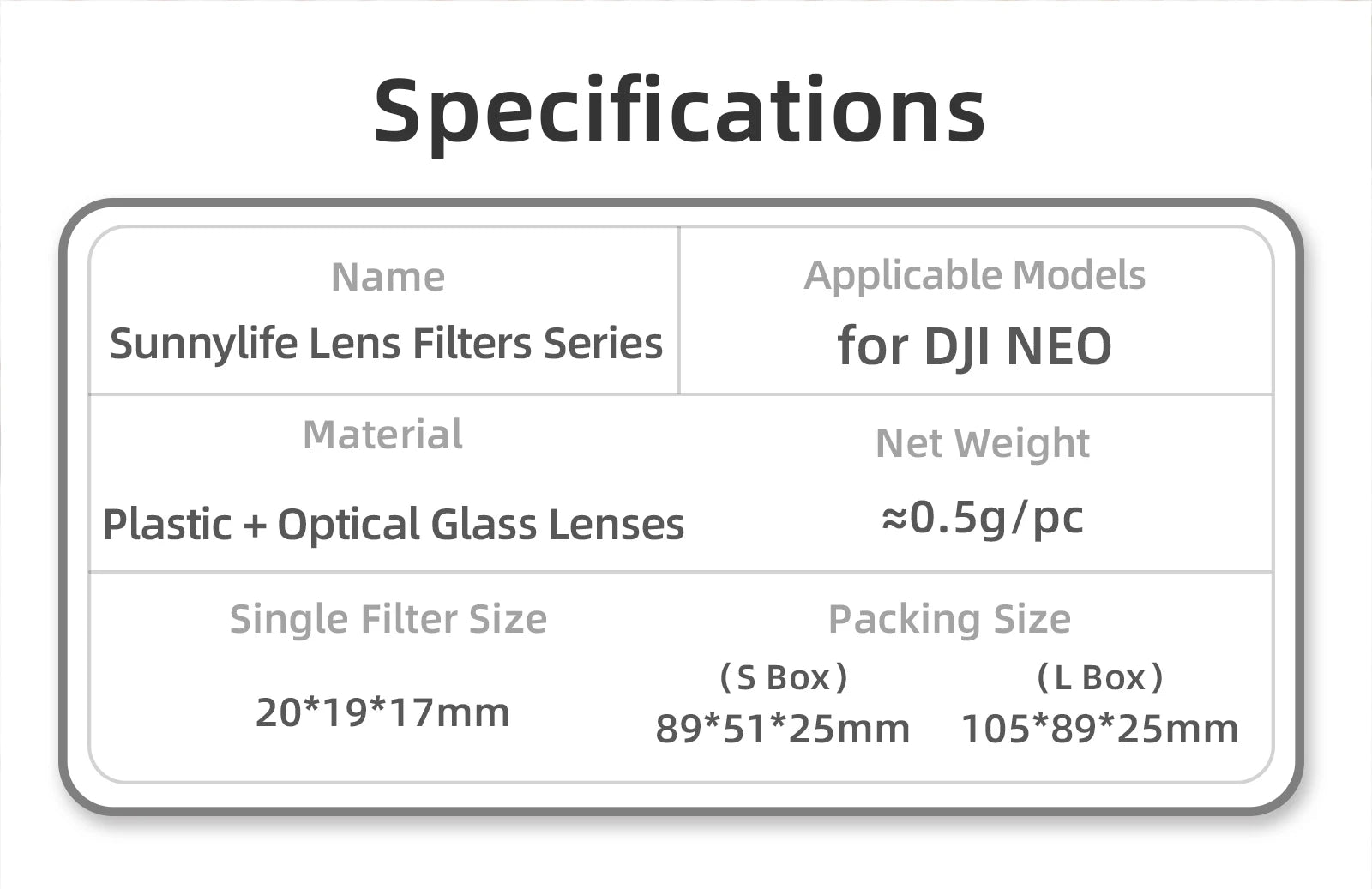 Sunnylife lens filters for DJI NEO, made of plastic and optical glass lenses, with single filter size and packing sizes.