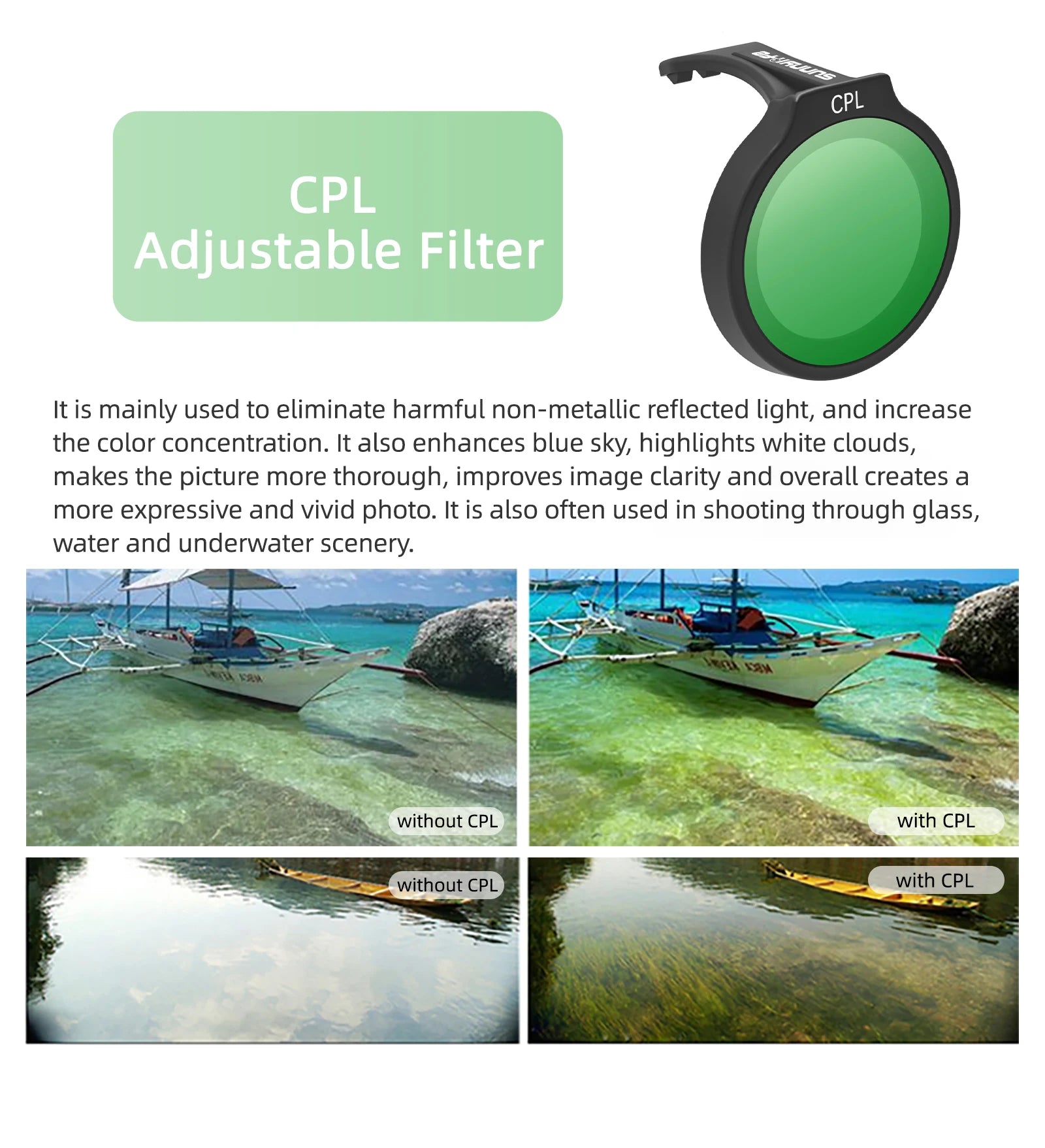 Lens Filter, The CPL Adjustable Filter eliminates non-metallic light, increasing color concentration and enhancing blue skies, white clouds, and scenic photos.