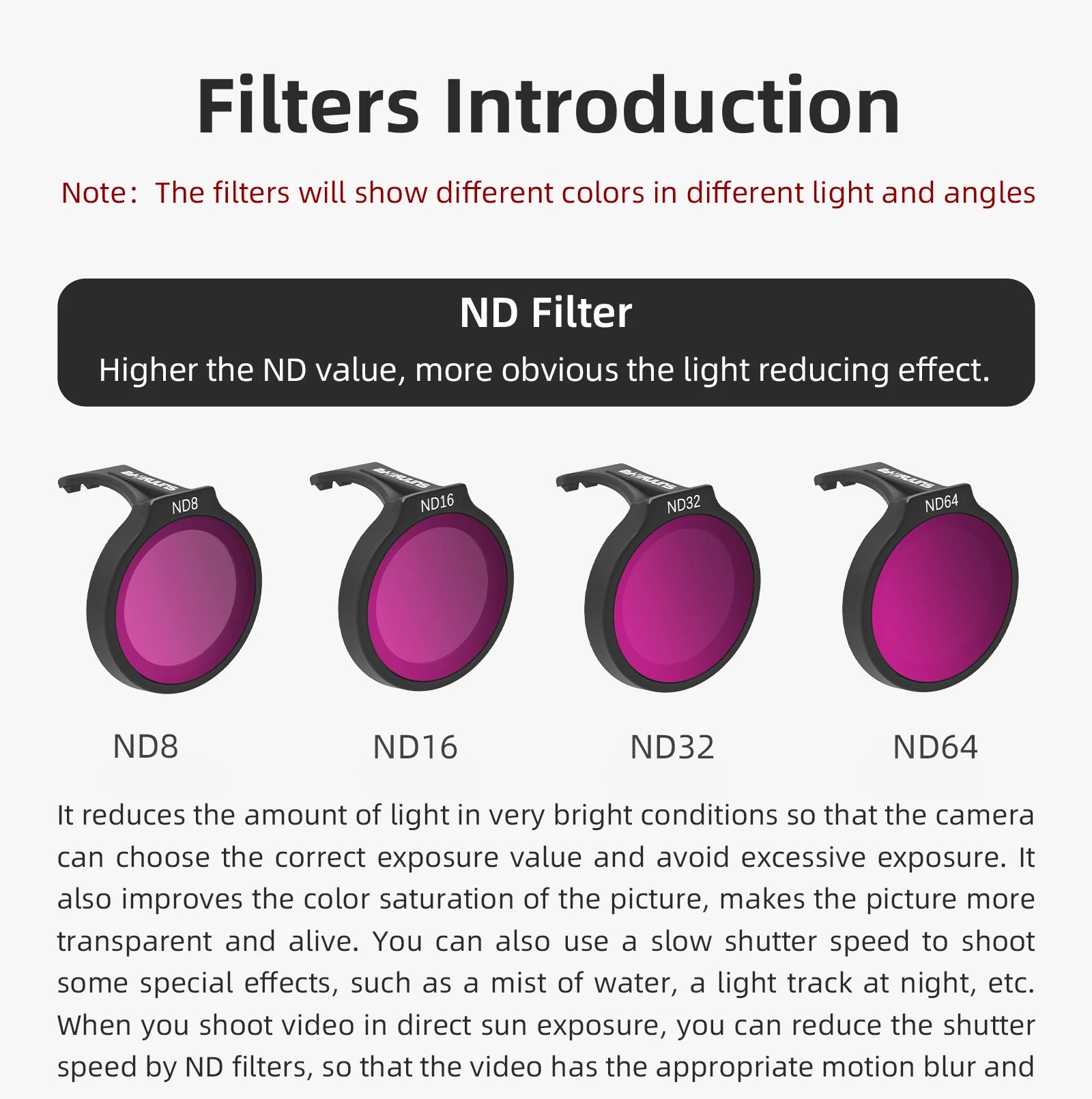 Lens Filter, ND filters display different colors under varying light and angles, reducing bright conditions for correct exposure and enhancing color saturation.