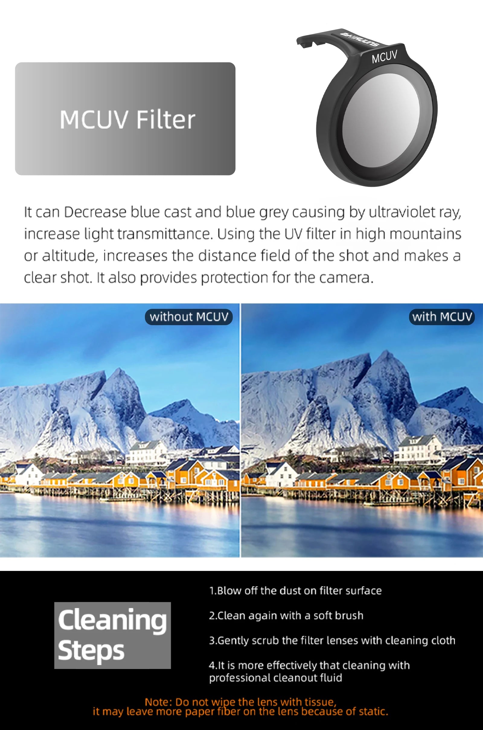 Lens Filter, The MCUV filter reduces blue cast, increases light transmission, and provides camera protection.