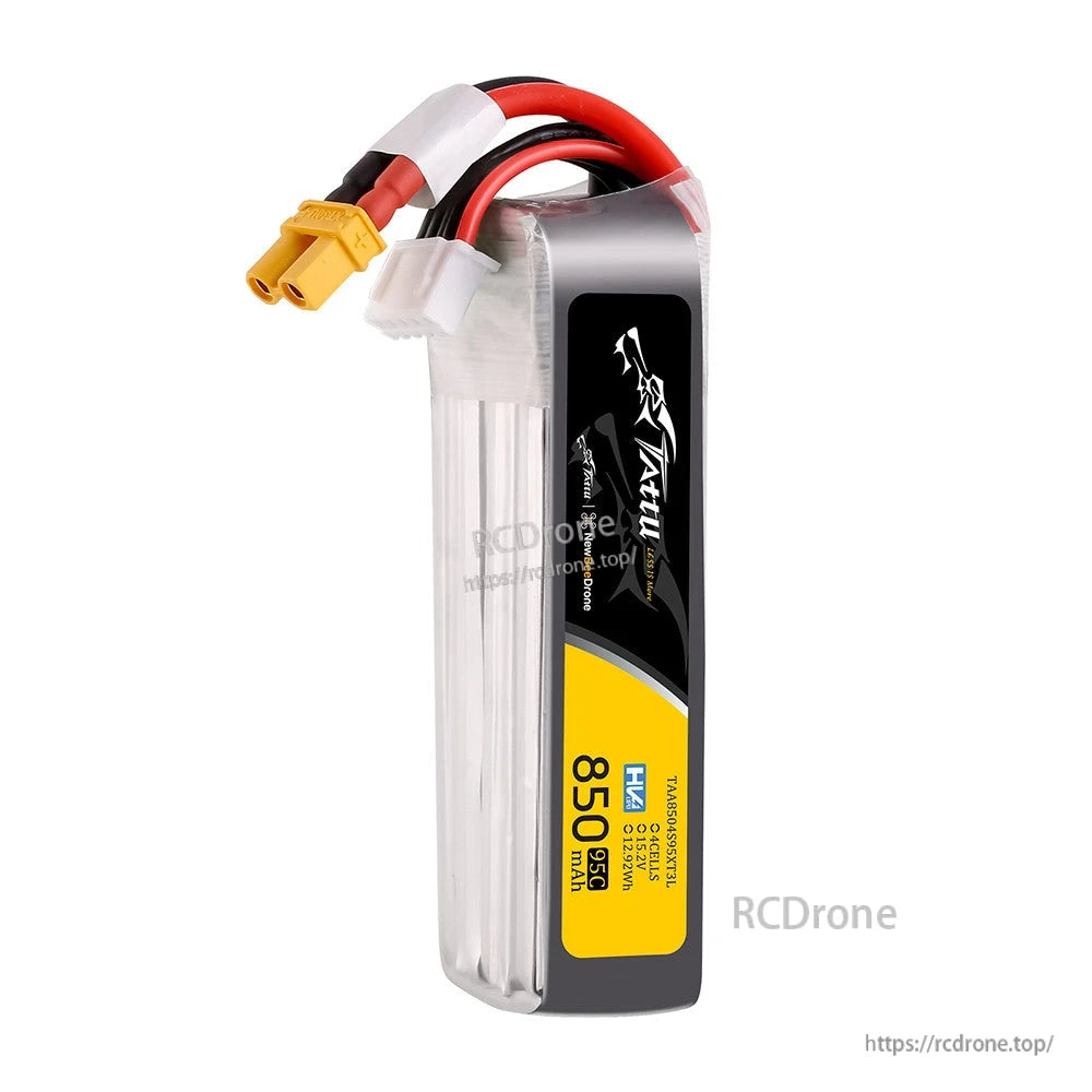 Tattu LiPo battery pack with XT60 connector and balance lead, labeled 850mAh 3S 11.1V 95C