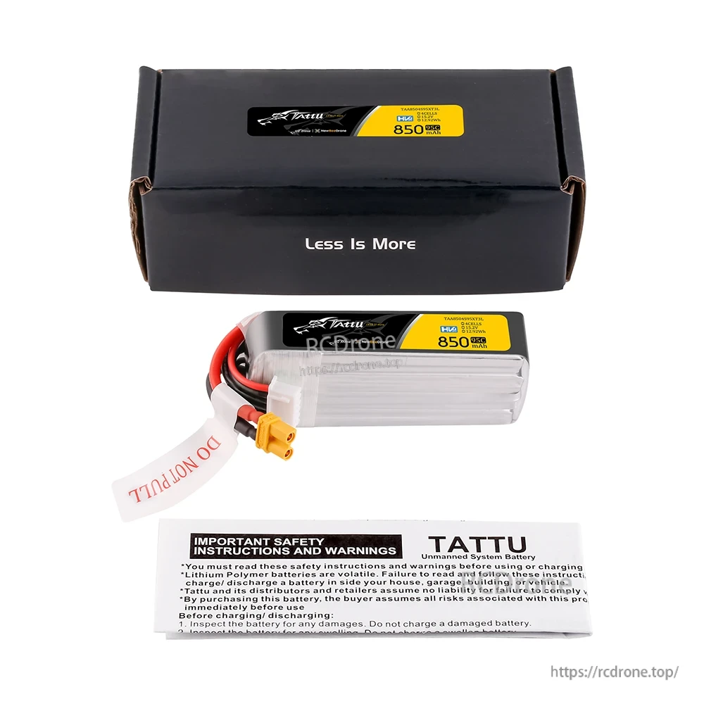 Tattu 850mAh LiPo battery pack with XT30 connector, balance lead, packaging box, and safety instructions card