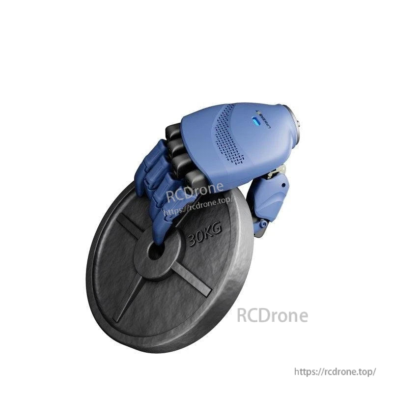 LINKERBOT Linker Hand O6 Robot Hand, Blue robotic hand gripping 30KG weight plate