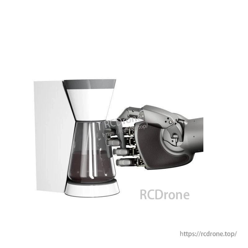 LINKERBOT Linker Hand L20 Robot Hand, Robot hand grips coffee maker with 10kg load, 0.2mm precision, 100N force, 1.2s cycle, 24V, CAN/RS485 interface.