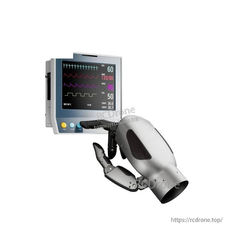 LINKERBOT Linker Hand L20 Robot Hand, Robotic hand with medical monitor displaying vital signs and metrics for patient monitoring.