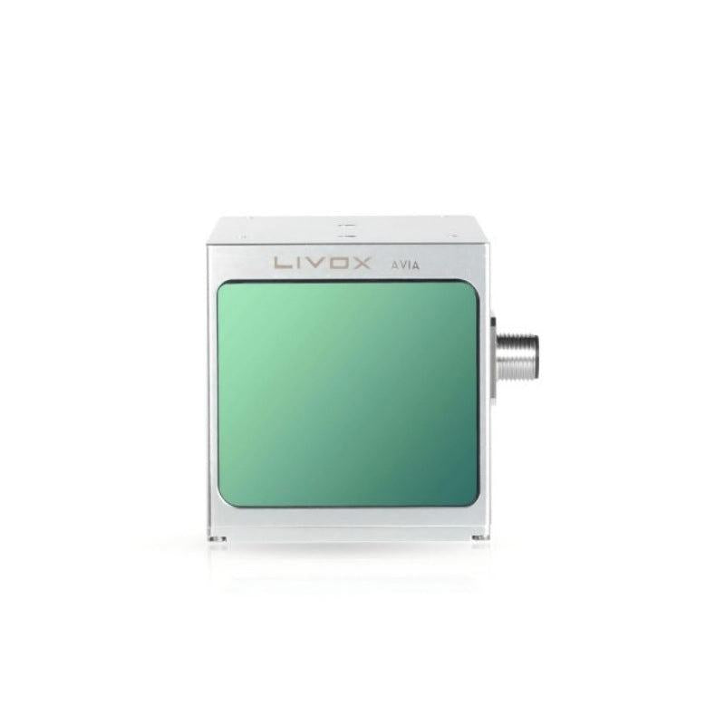 Livox Avia LiDAR Sensor front view with green optical window and side connector