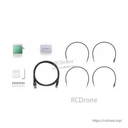 Livox Avia LiDAR kit contents with sensor, mounting plate, screws, cable, and wire leads