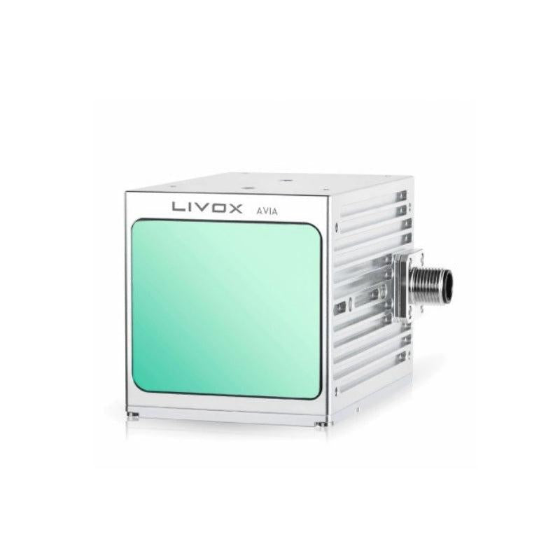 Livox Avia LiDAR sensor angled view showing finned aluminum housing and connector side