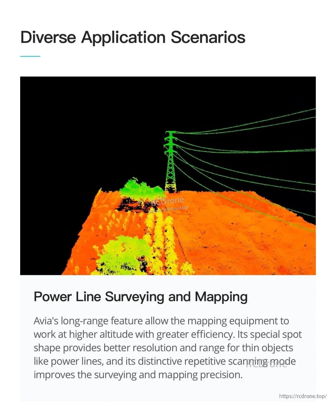Point cloud example for power line surveying and mapping, capturing poles, conductors, and terrain detail