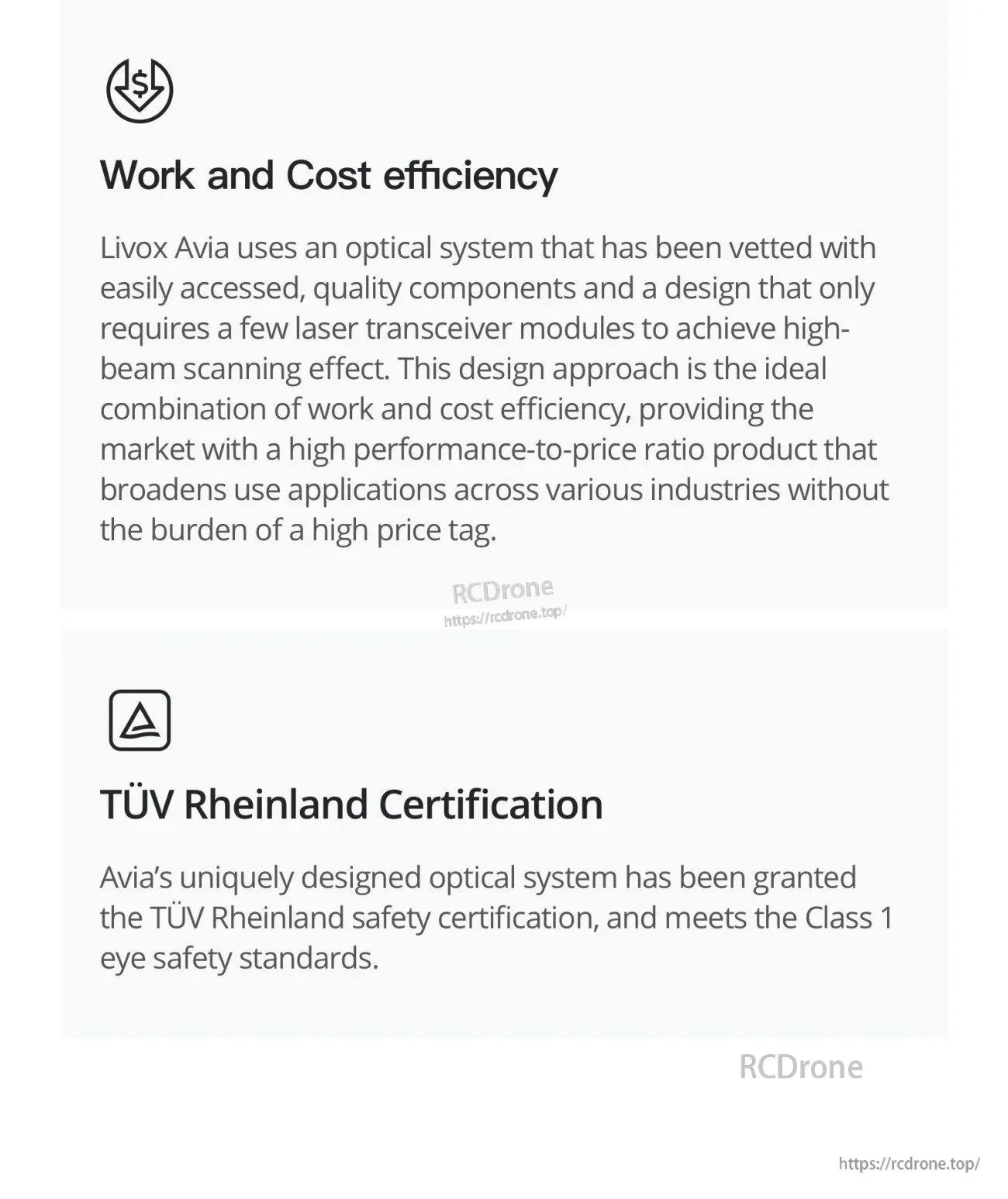 Work and cost efficiency infographic with TÜV Rheinland certification note and Class 1 eye safety reference