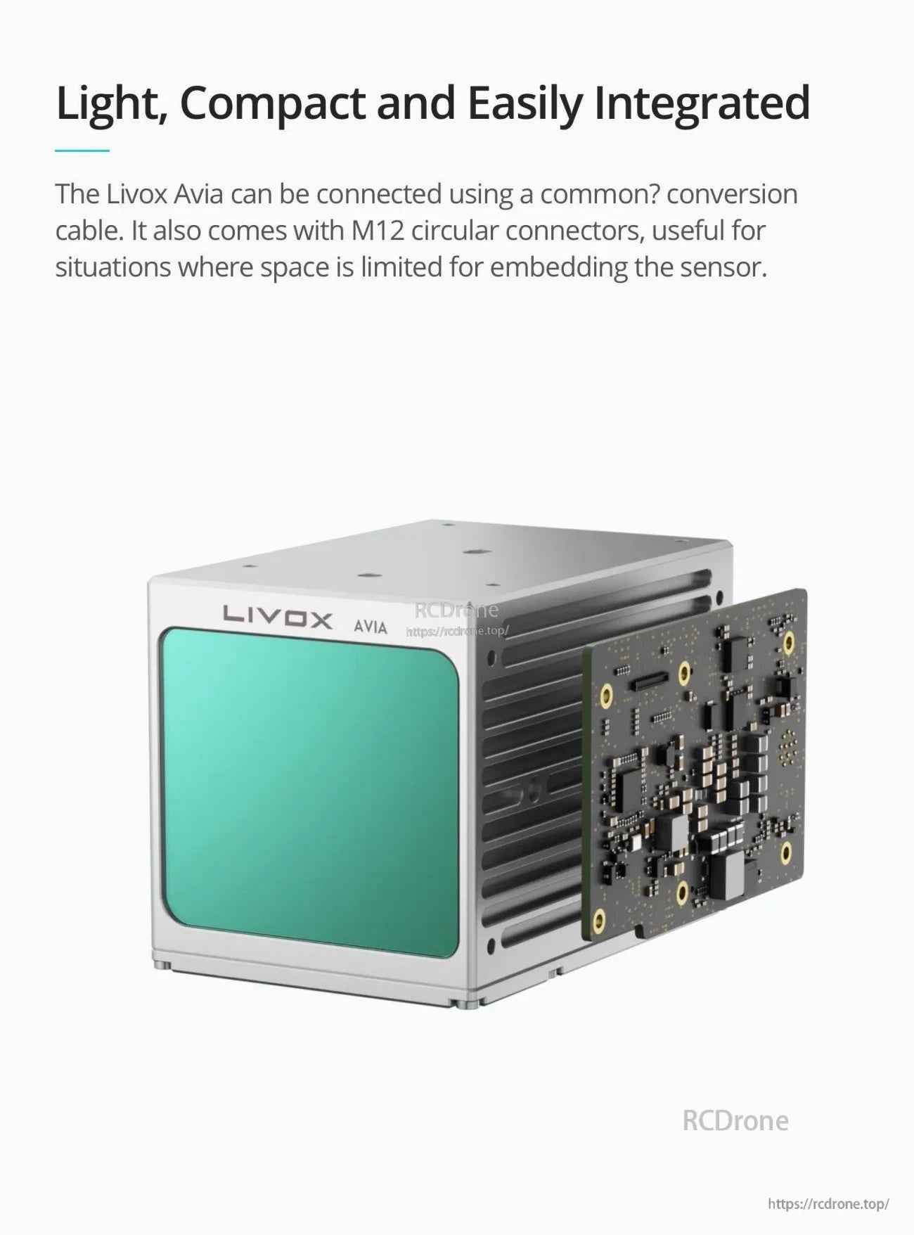 Livox Avia LiDAR Sensor with internal electronics board illustration, emphasizing compact integration and M12 connectors