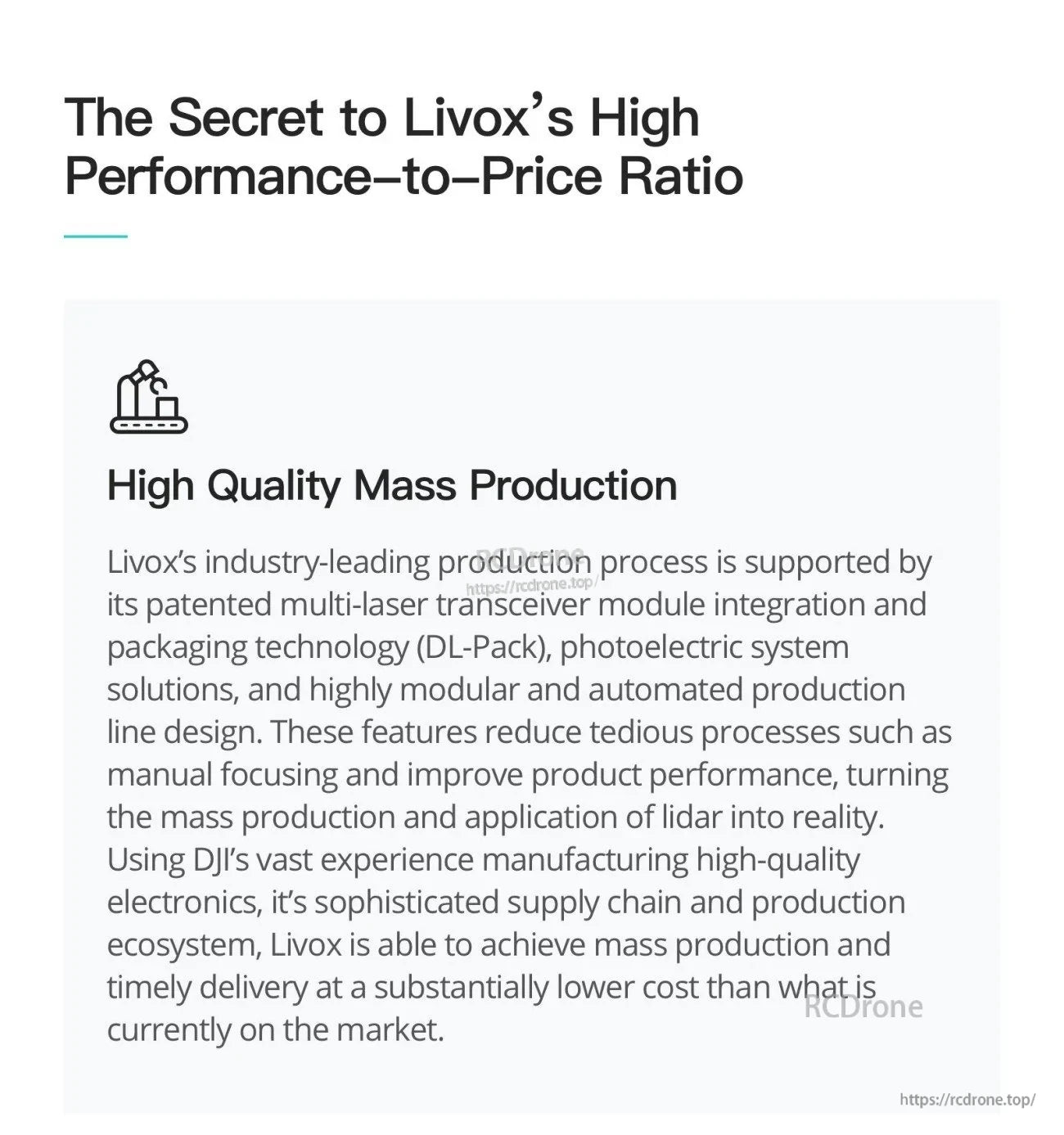 Livox manufacturing and performance-to-price infographic highlighting high-quality mass production and modular process