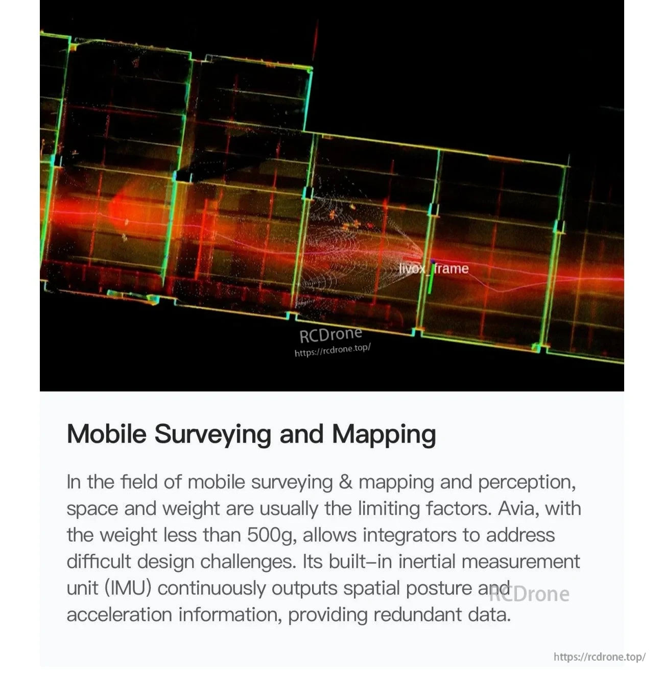 Mobile surveying point cloud strip with Livox frame overlays, representing IMU-assisted mapping on moving platforms