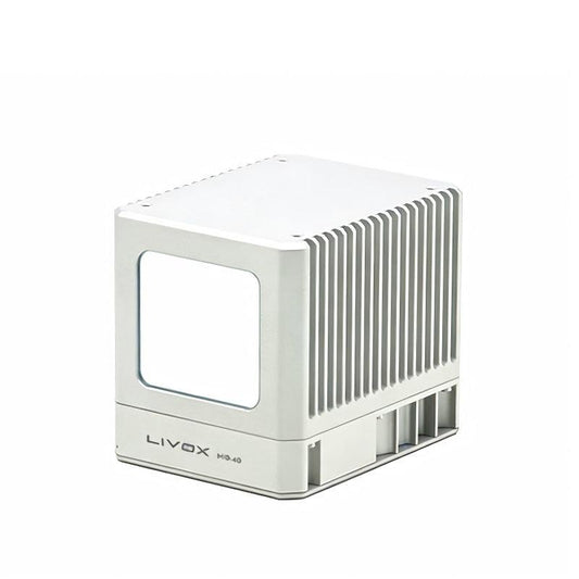 Livox MID-40 LiDAR Sensor angled view showing square optical window and finned aluminum housing