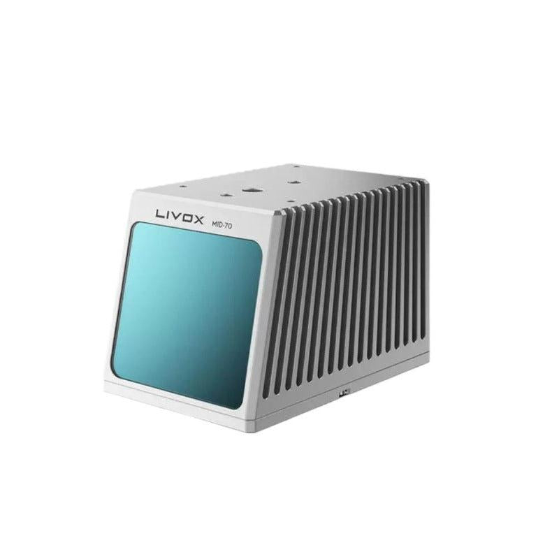 Livox MID-70 LiDAR Sensor angled view with blue front window and finned aluminum housing
