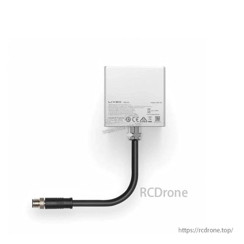Rear view with product label, compliance icons, and attached cable with circular connector
