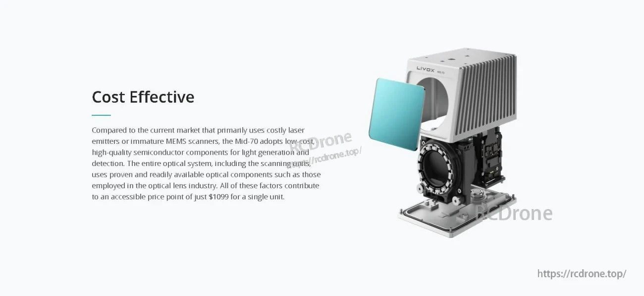 Livox MID-70 LiDAR module exploded view highlighting front optical window and internal sensor assembly