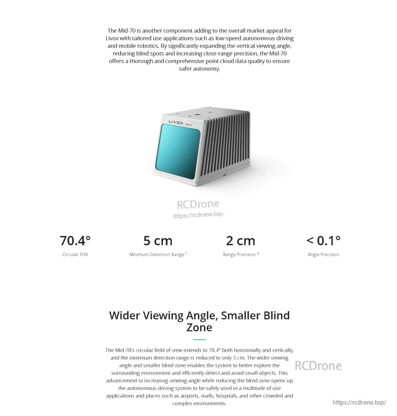 Livox MID-70 LiDAR Sensor product render with key performance highlights: 70.4° circular FOV, 5 cm min range