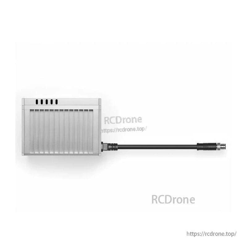 Side view of TELE-15 sensor with cooling fins and attached cable with connector