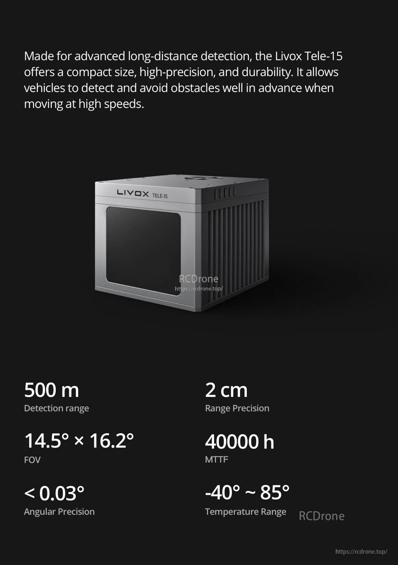 Livox Tele-15 sensor render with key specs: 500 m detection range, 2 cm range precision, 14.5°×16.2° FOV