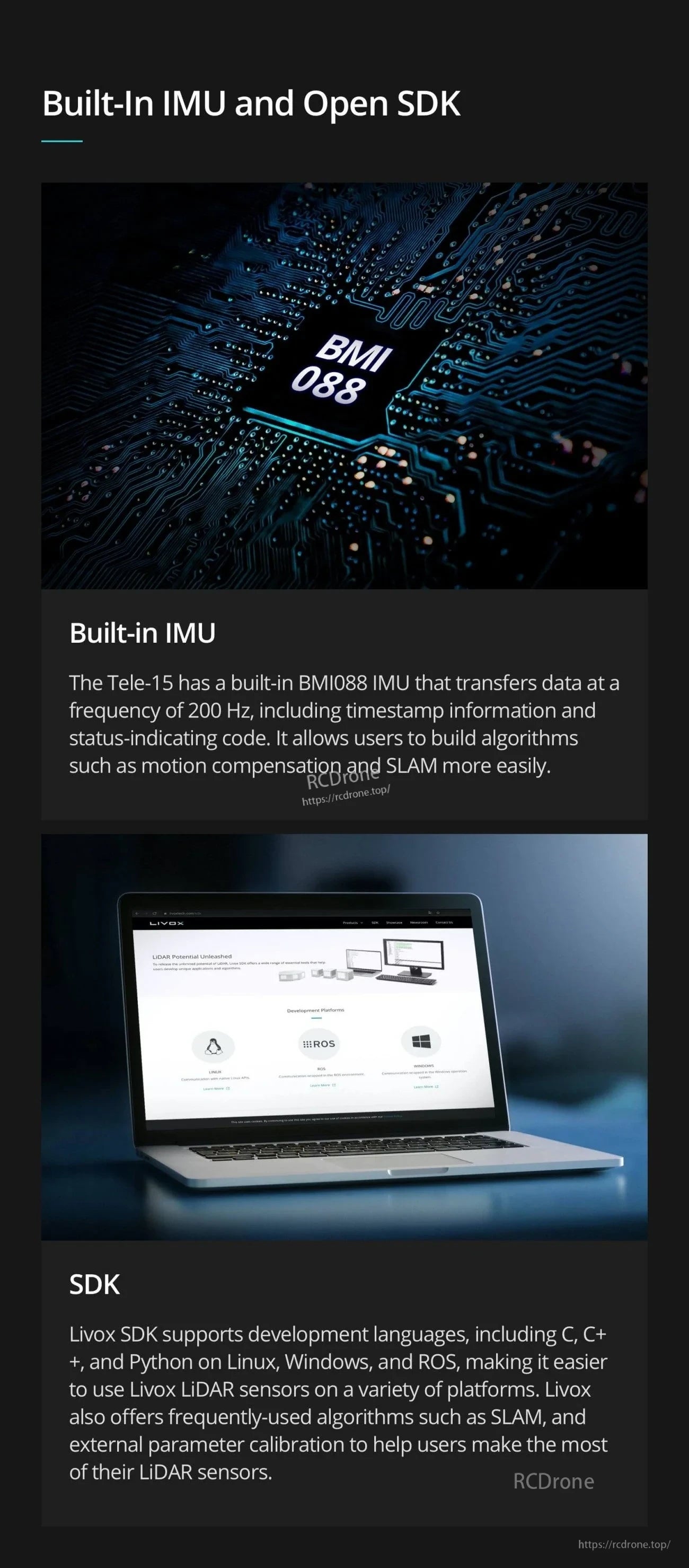 Built-in IMU (BMI088) and open SDK support graphic with laptop interface for Tele-15 integration