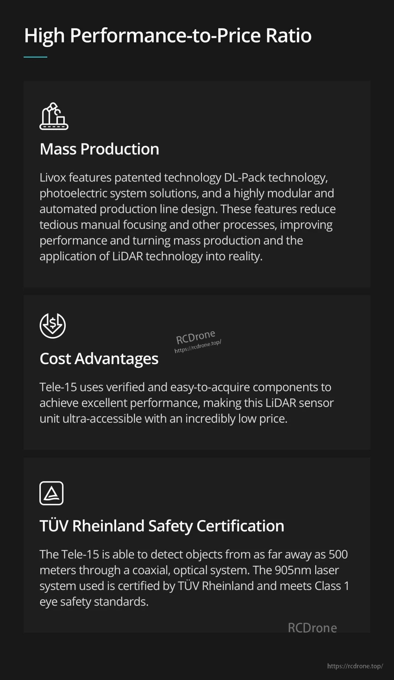 High performance-to-price infographic noting mass production, cost advantages, and TÜV Rheinland safety certification