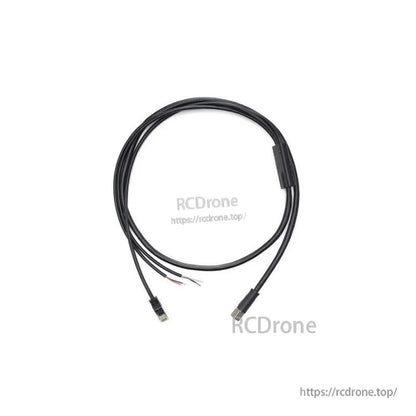 Alternate view of the cable showing inline module housing, USB end, circular connector end, and 3-wire pigtail