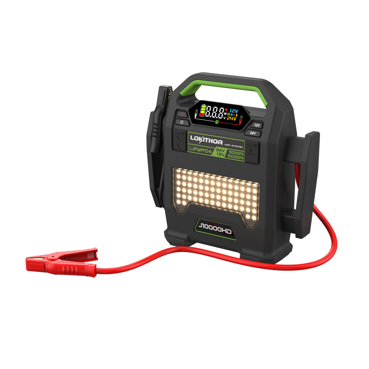 Lokithor J10000HD LiFePO4 jump starter with LCD display, 12V/24V buttons, LED work light, and red clamp cable