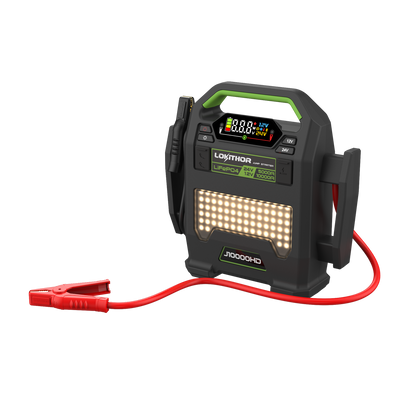 Lokithor J10000HD LiFePO4 jump starter with LCD display, 12V/24V buttons, LED work light, and red clamp cable