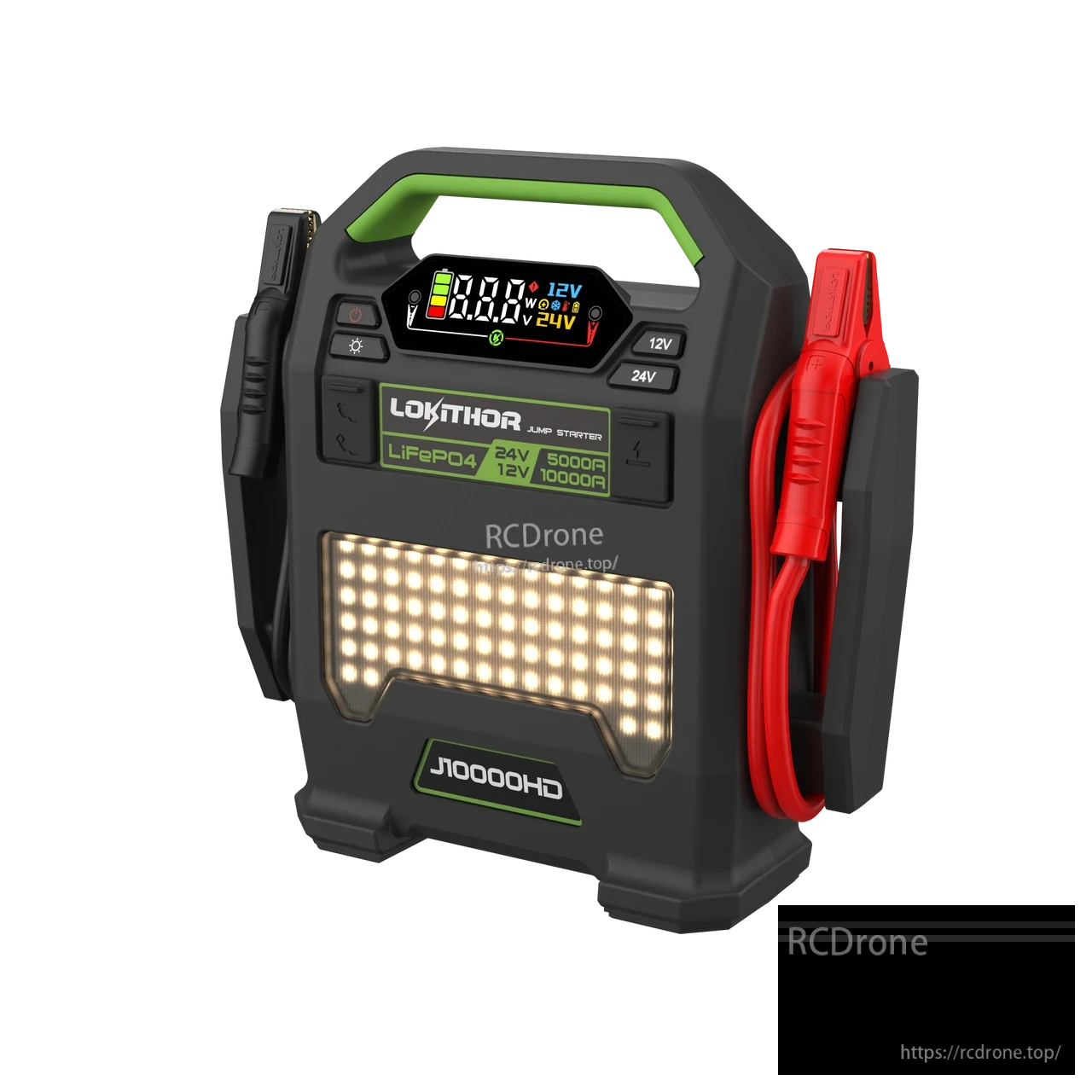Lokithor J10000HD LiFePO4 jump starter with digital display, 12V/24V buttons, LED work light and clamps