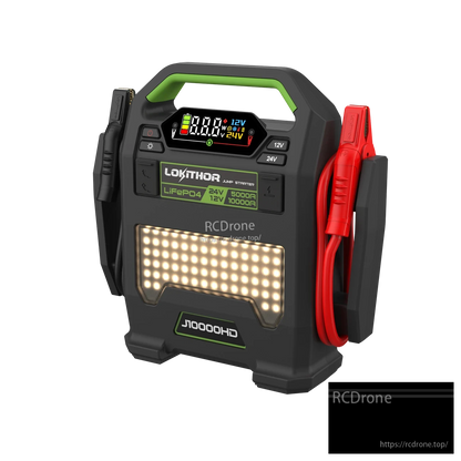 Lokithor J10000HD LiFePO4 jump starter with digital display, 12V/24V buttons, LED work light and clamps