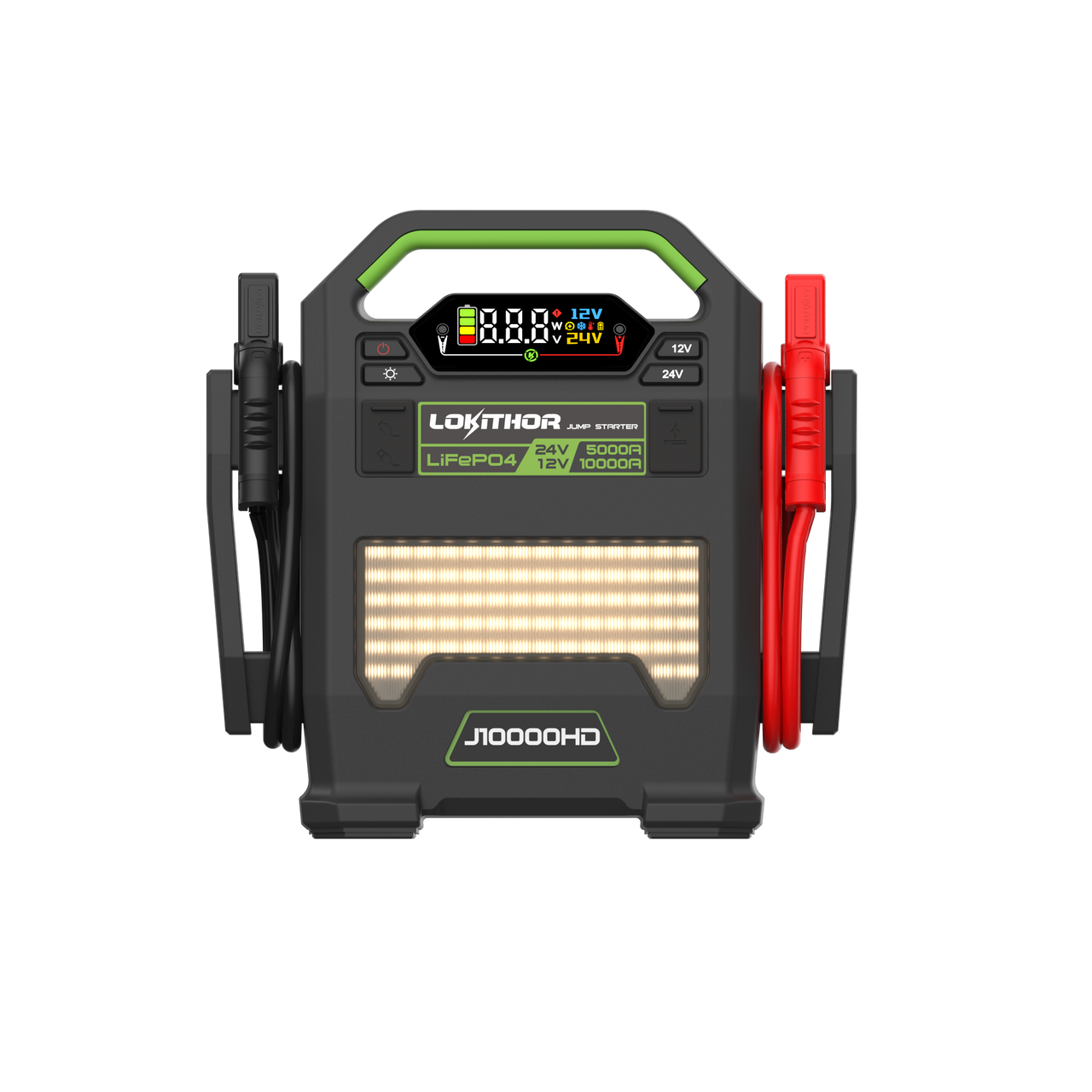Lokithor J10000HD LiFePO4 jump starter with LCD display, 12V/24V buttons, LED light panel, and red/black clamps