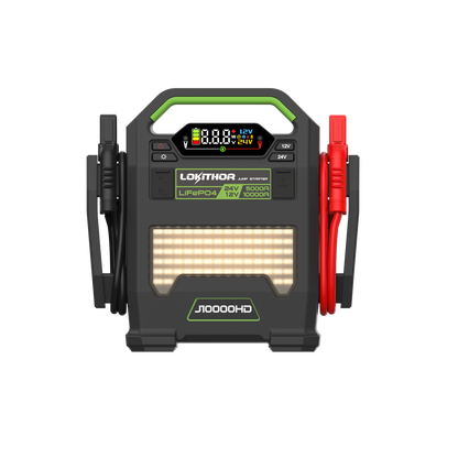 Lokithor J10000HD LiFePO4 jump starter with LCD display, 12V/24V buttons, LED light panel, and red/black clamps