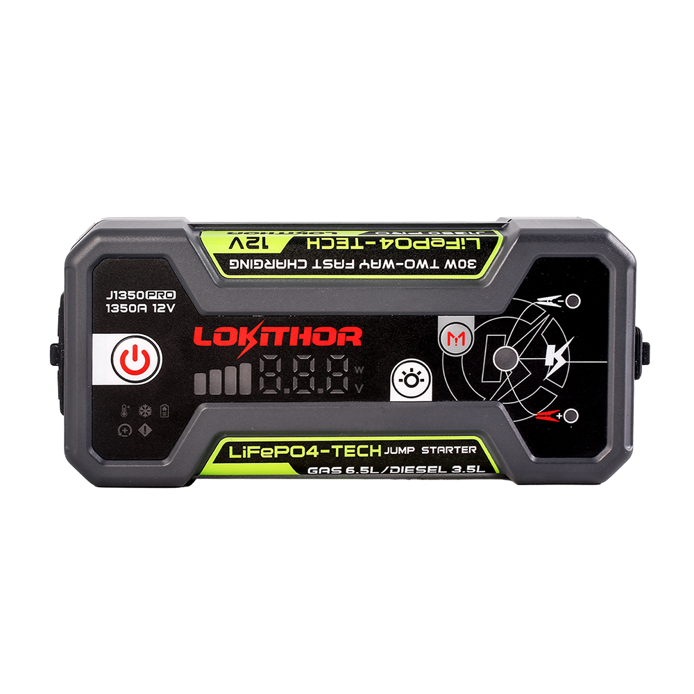 Lokithor J1350 PRO 12V LiFePO4 jump starter front view with digital display, power button, and indicator icons