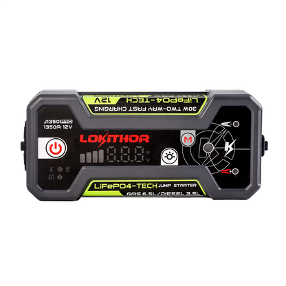 Lokithor J1350 PRO 12V LiFePO4 jump starter front view with digital display, power button, and indicator icons