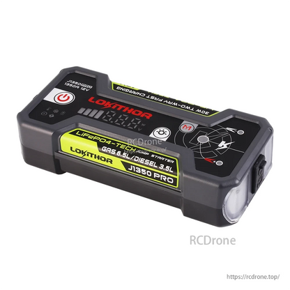 Lokithor J1350 PRO 12V LiFePO4 jump starter with LED display, power buttons, and built-in flashlight