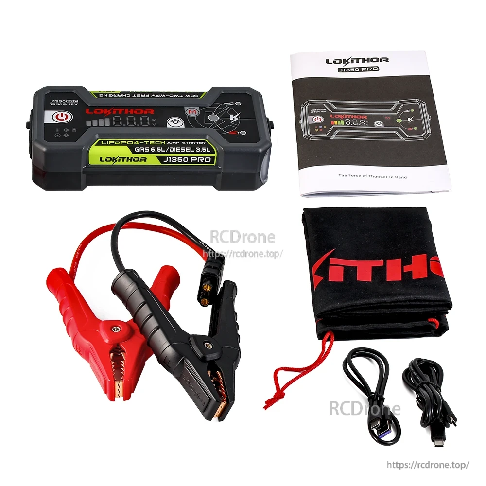 Lokithor J1350 PRO 12V LiFePO4 jump starter kit with smart jumper clamps, manual, pouch and charging cables