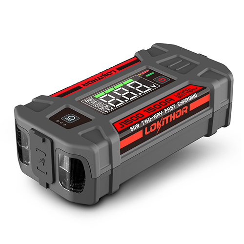 Lokithor J1500 jump starter power pack with digital display, rugged casing, and built-in LED light panel