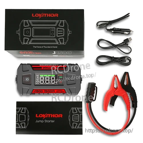 Lokithor J1500 jump starter kit with LCD display unit, red/black clamp cable, USB cable and car charger