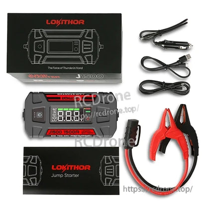 Lokithor J1500 jump starter kit with LCD display unit, red/black clamp cable, USB cable and car charger