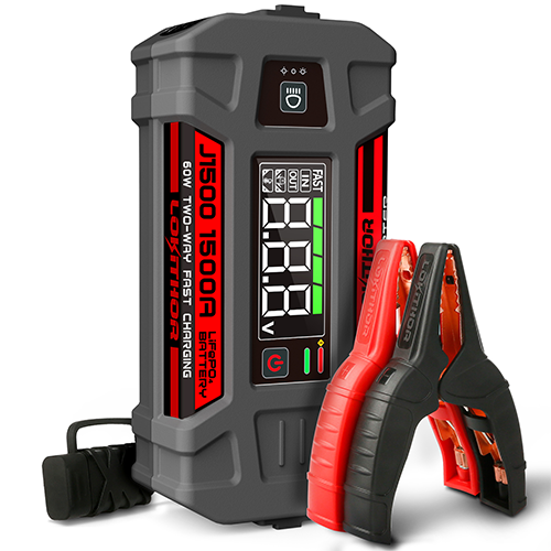 Lokithor J1500 Jump Starter, Lokithor J1500 portable jump starter with LCD battery display and included red and black jumper cable clamps