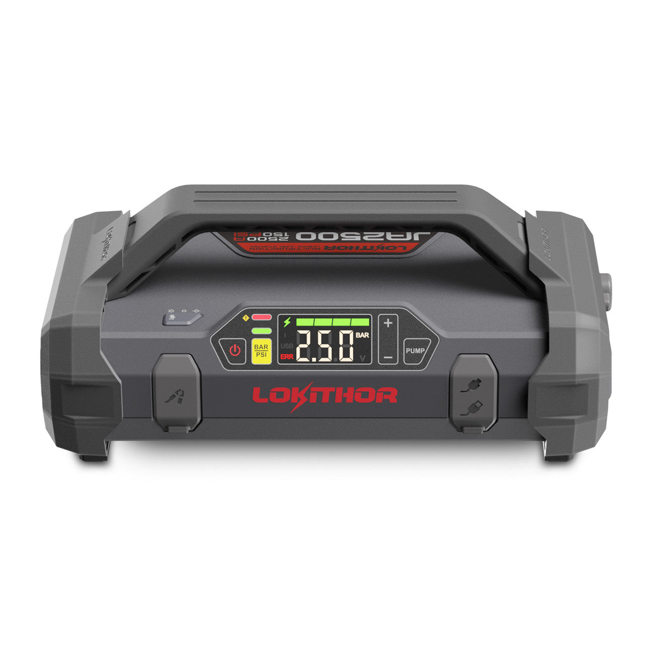 Front view of Lokithor JA2500 12V jump starter power bank with built-in air compressor and digital pressure display